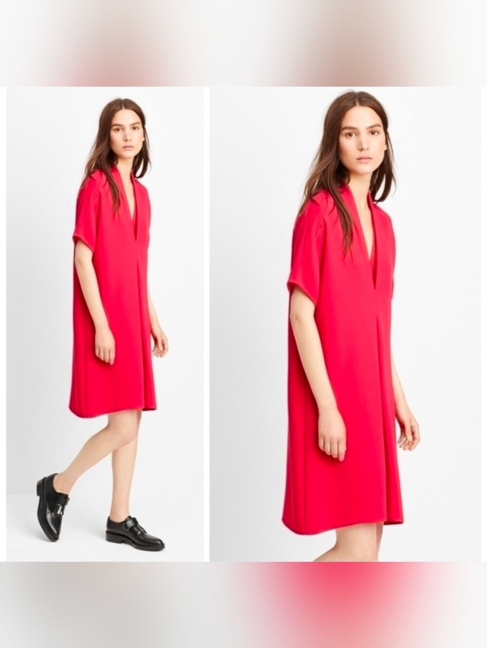 Vince Double V-Neck Inverted Pleat Shift Dress